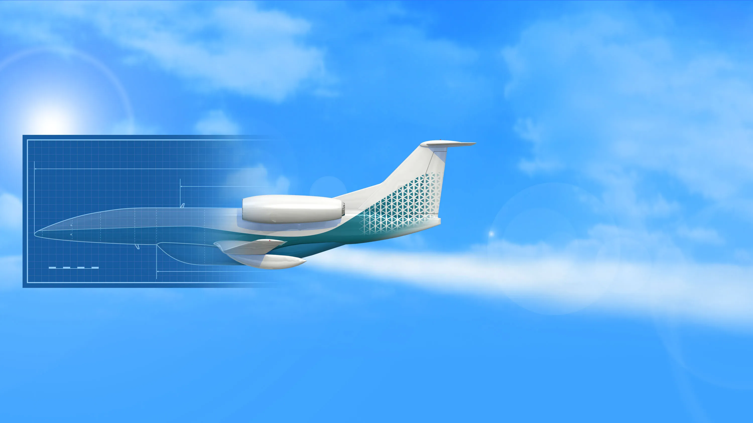 plane starts as a blueprint on the left and becomes a reality spraying a mist behind it