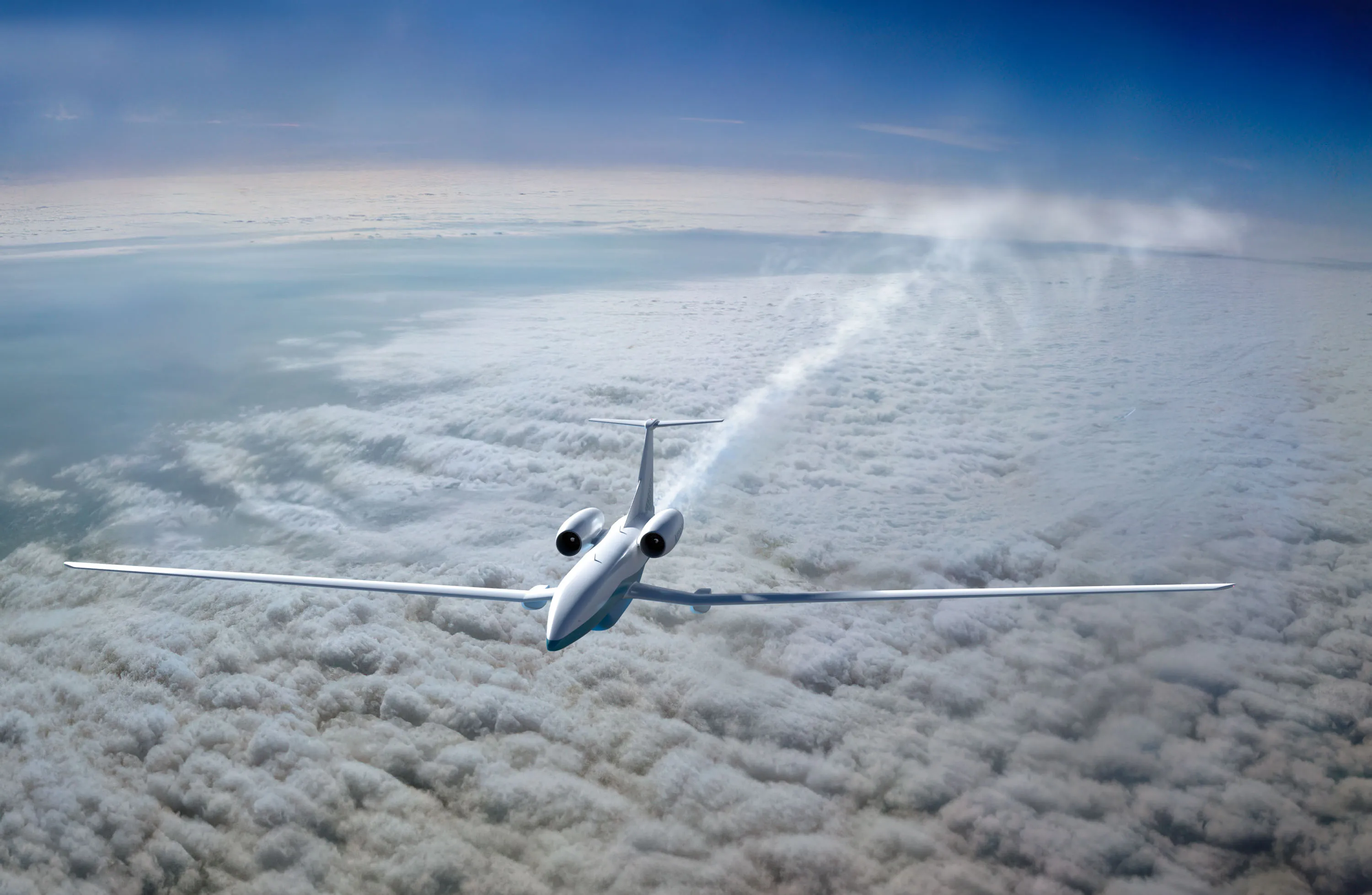 an aircraft shown from above flying over the clouds