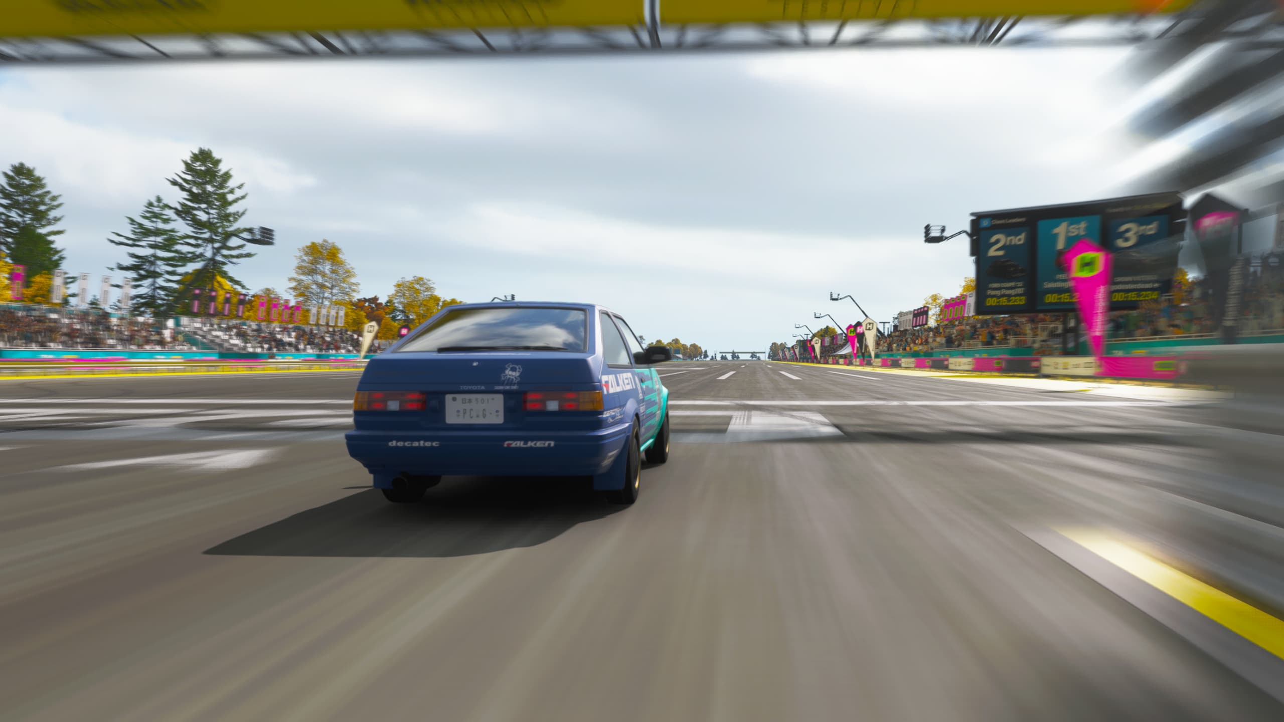 Forza Horizon 6 best drag cars: A rear-end shot of the 1985 Toyota Sprinter Trueno driving down the Festival drag strip.