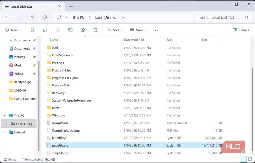 Pagefile.sys on a Windows 11 computer