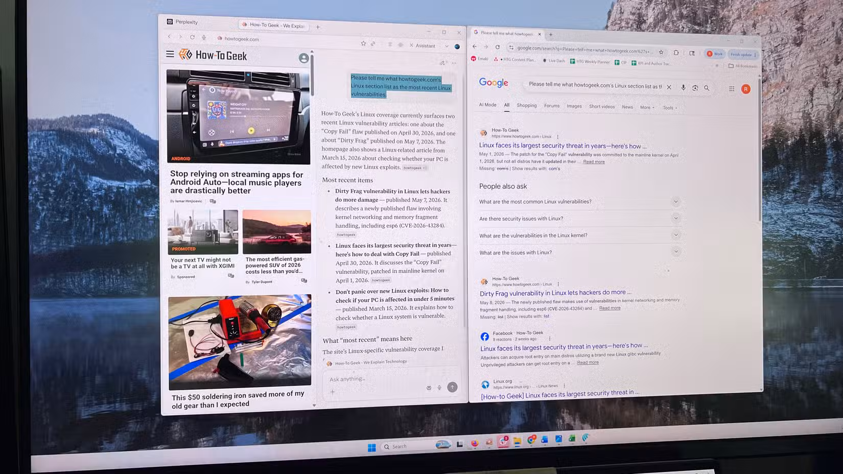 A screenshot of the Perplexity Comet browser side-by-side with the Google Chrome Browser with Google Search open on the Windows 11 Desktop.