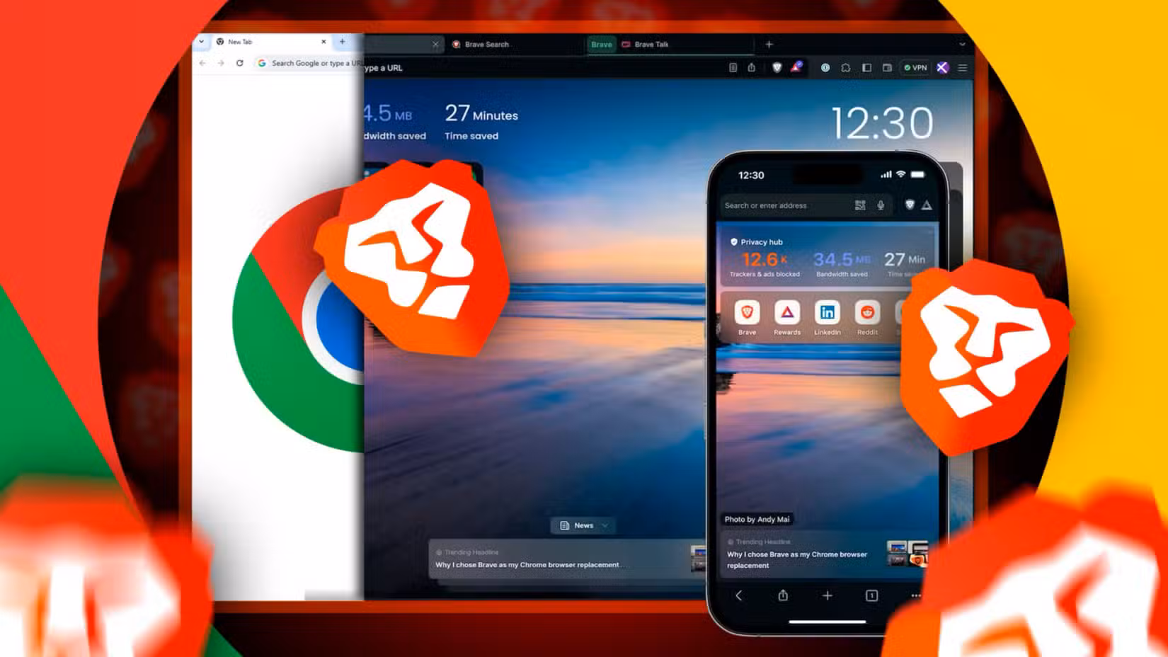 Split screen between Chrome and Brave browsers, with Brave occupying the majority of the space.