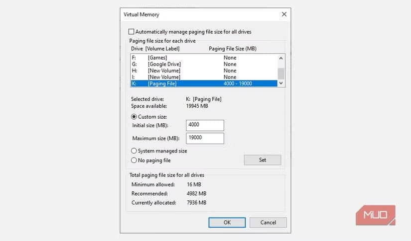paging file set custom value.