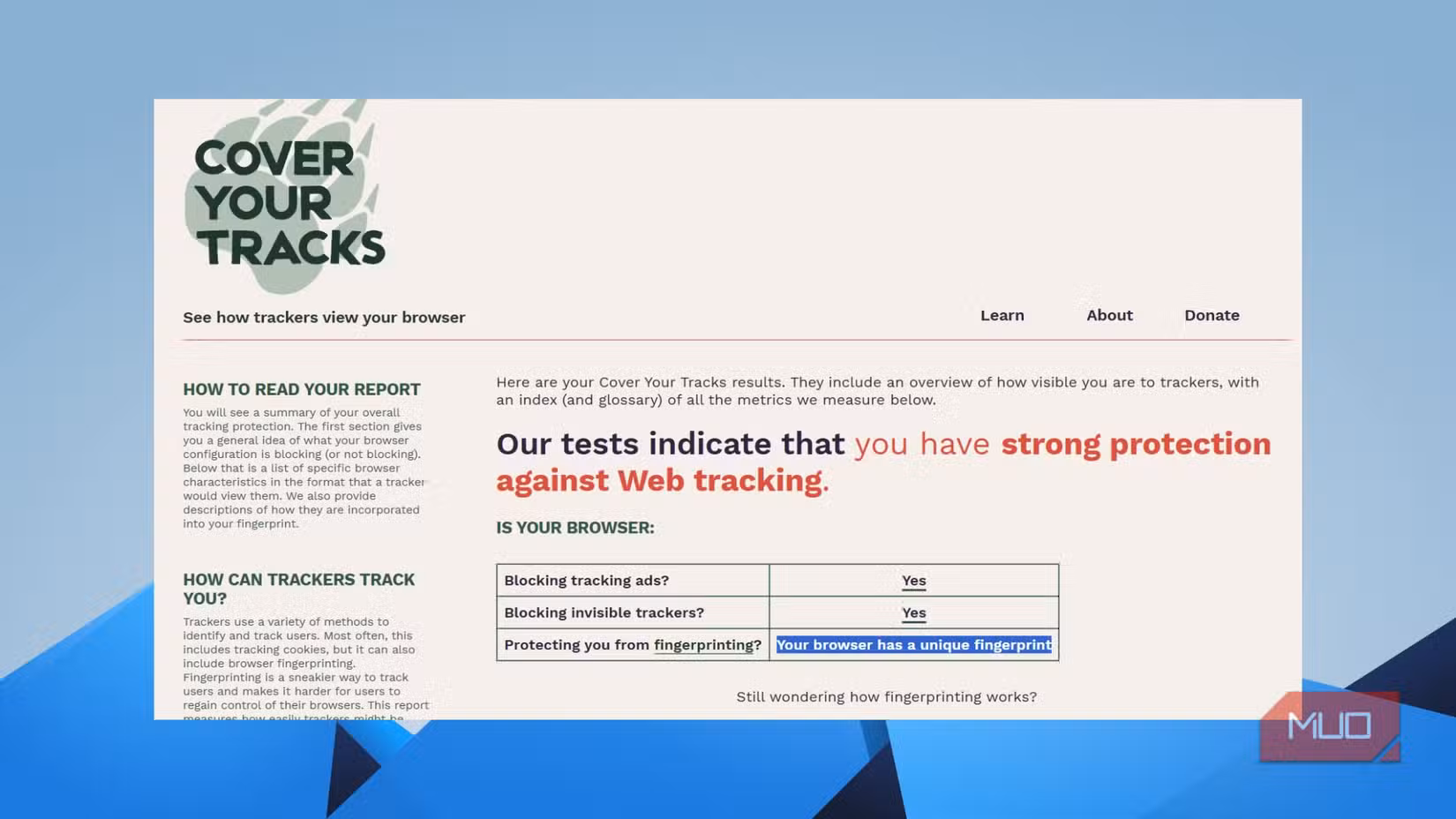 Browser fingerprinting test results by Cover Your Tracks