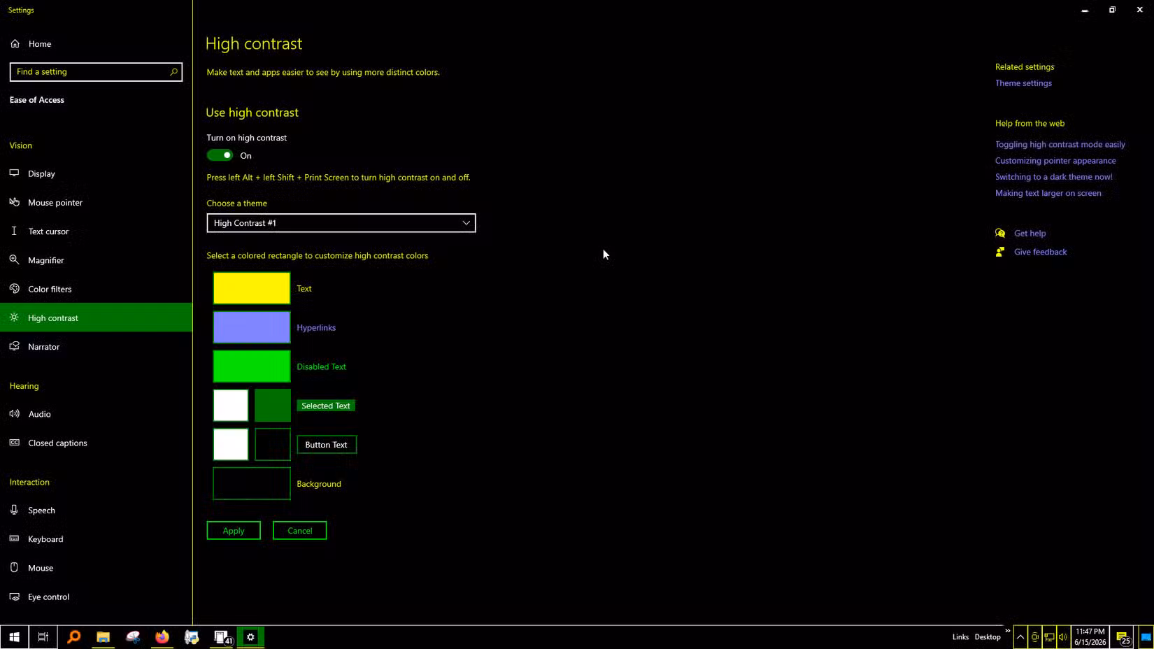 The HIgh Contrast Mode Theme on Windows