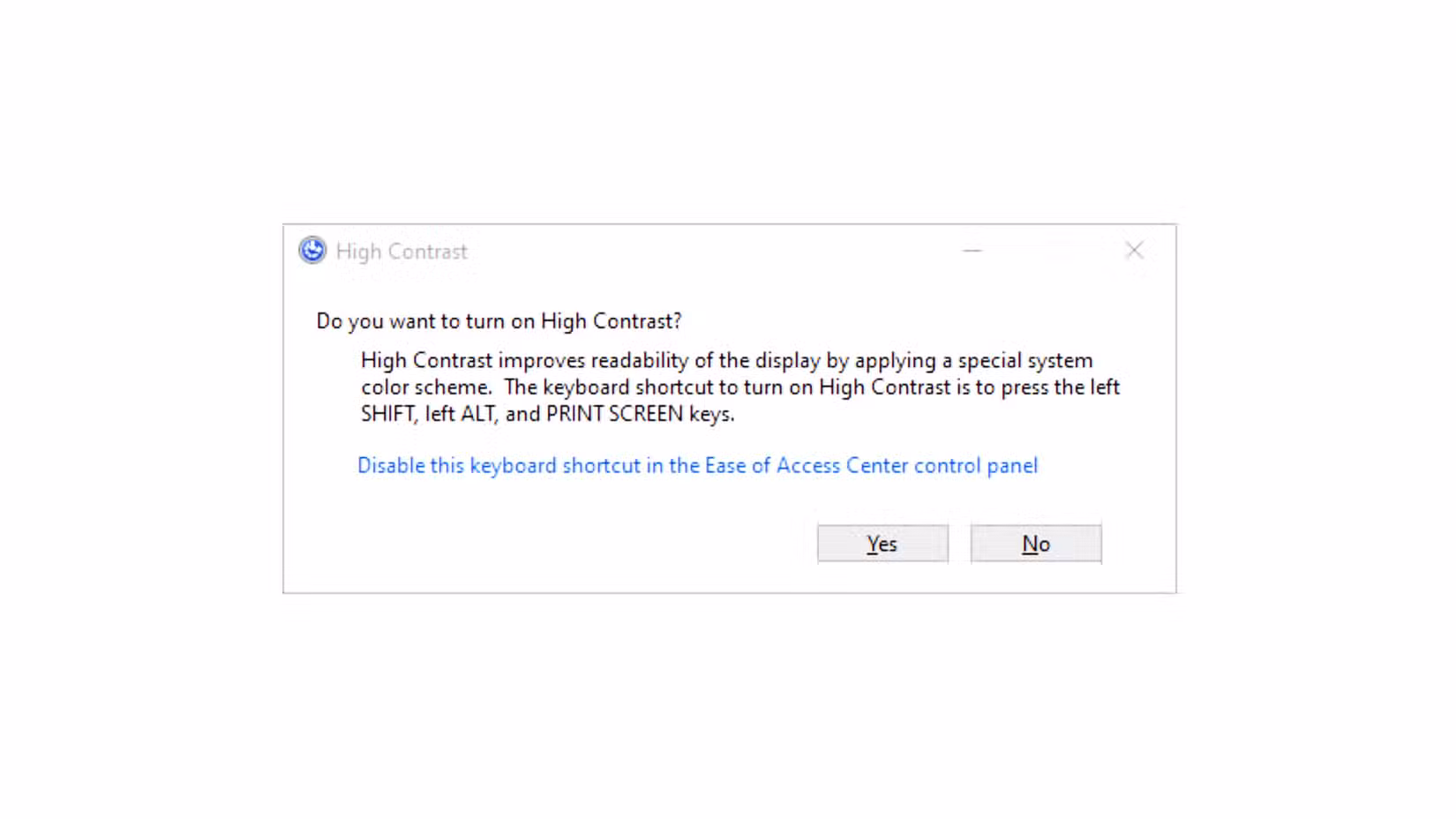 High Contrast Mode being explained in a dialogue box