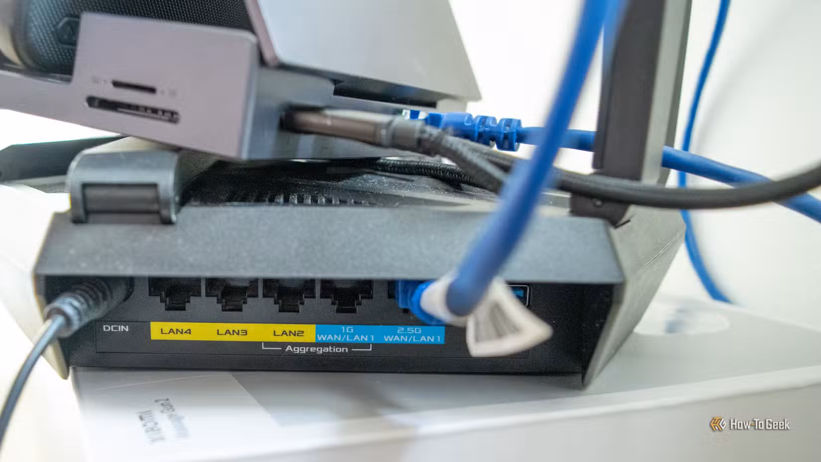A photo showing LAN ports on the back of a router.