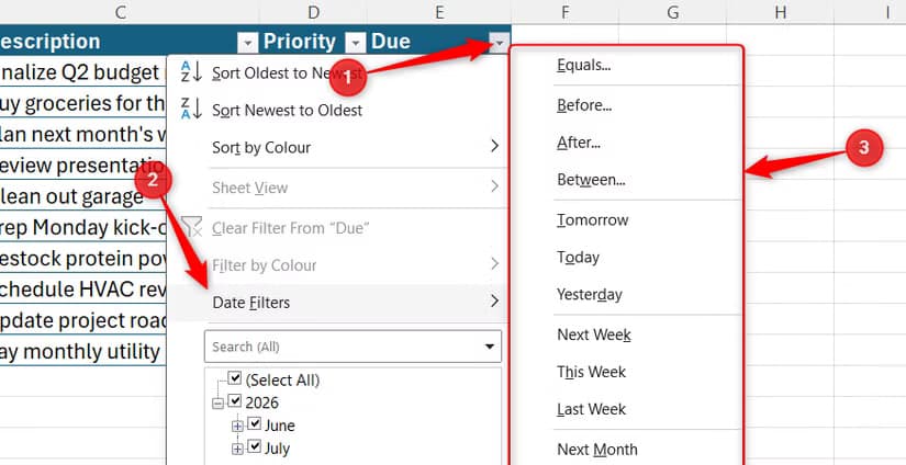The Excel table filter drop-down menu is expanded from the Due column header, where the Date Filters sub-menu reveals chronological filtering options.
