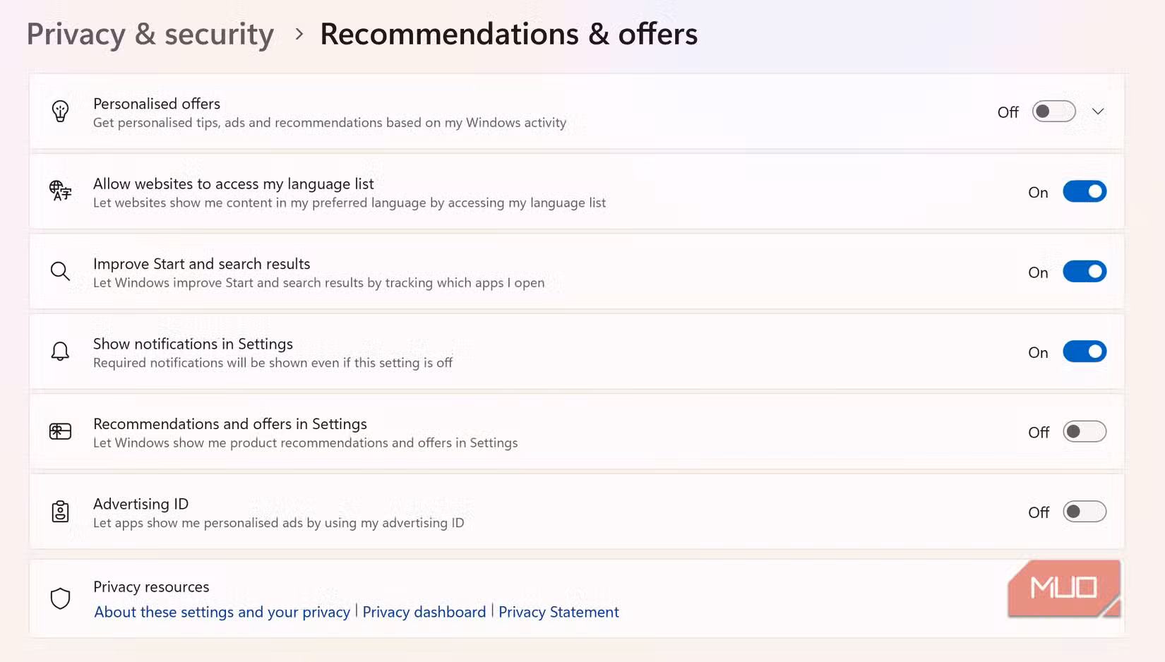 windows 11 recommendations and advertising tracking.