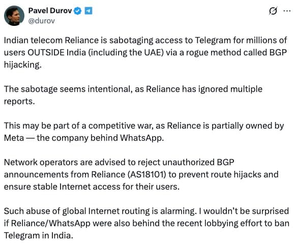 Telegram CEO accuses Indian telco of sabotage