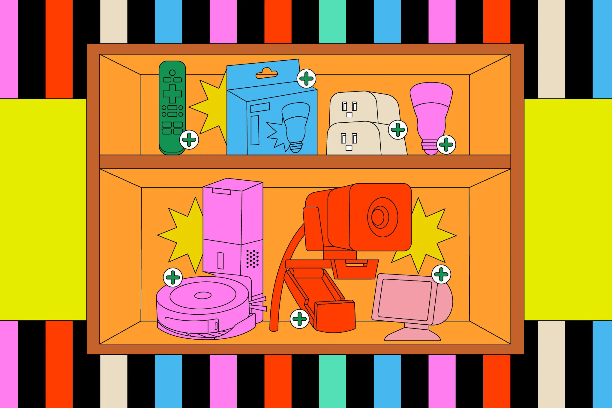 Colorful illustration of a mouse hovering over different products on a shelf.