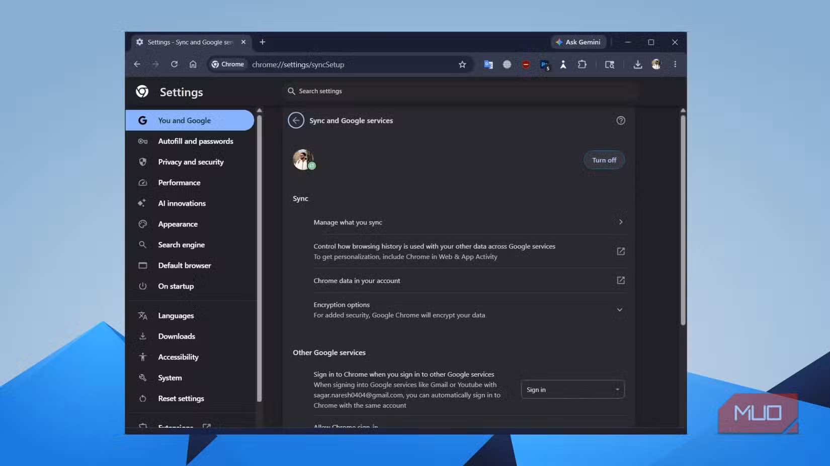 Turn off browser sync option for Google Chrome
