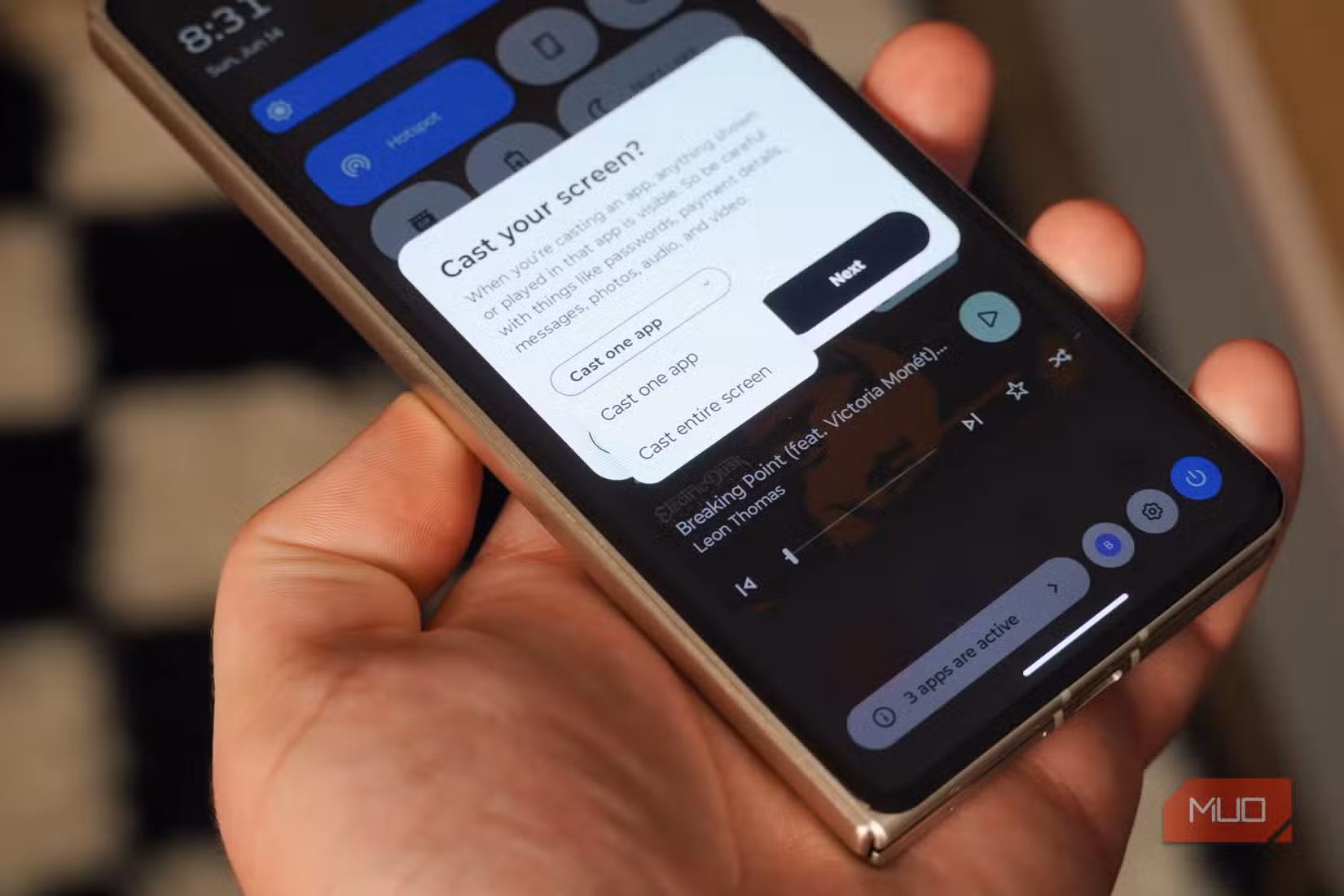 Choosing to cast an app or the entire screen to a device.