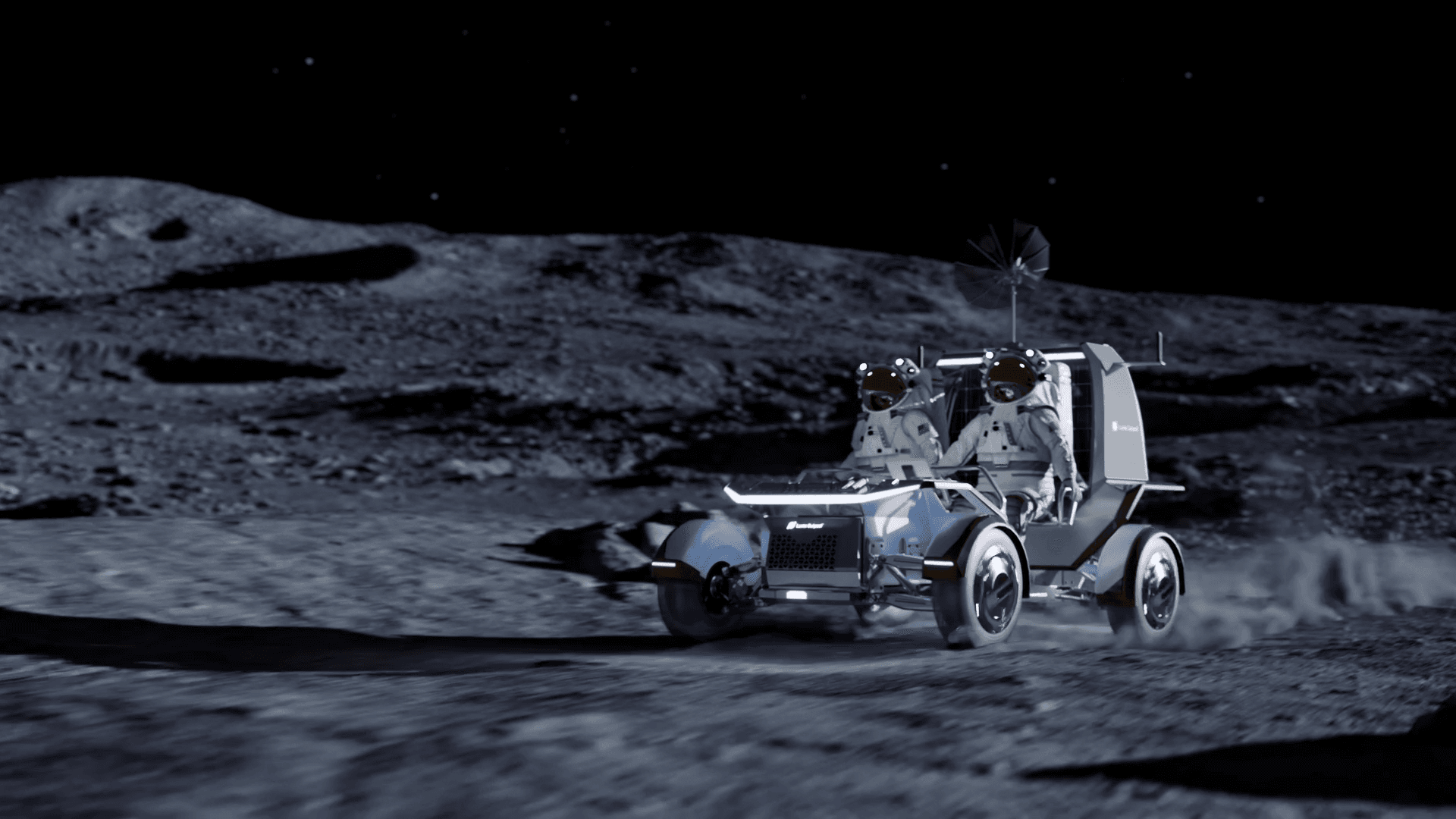 two astronauts in white spacesuits drive a four-wheeled vehicle across the dusty surface of the moon