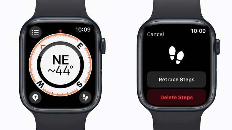 Two Apple Watches, showing the Compass app (l) and