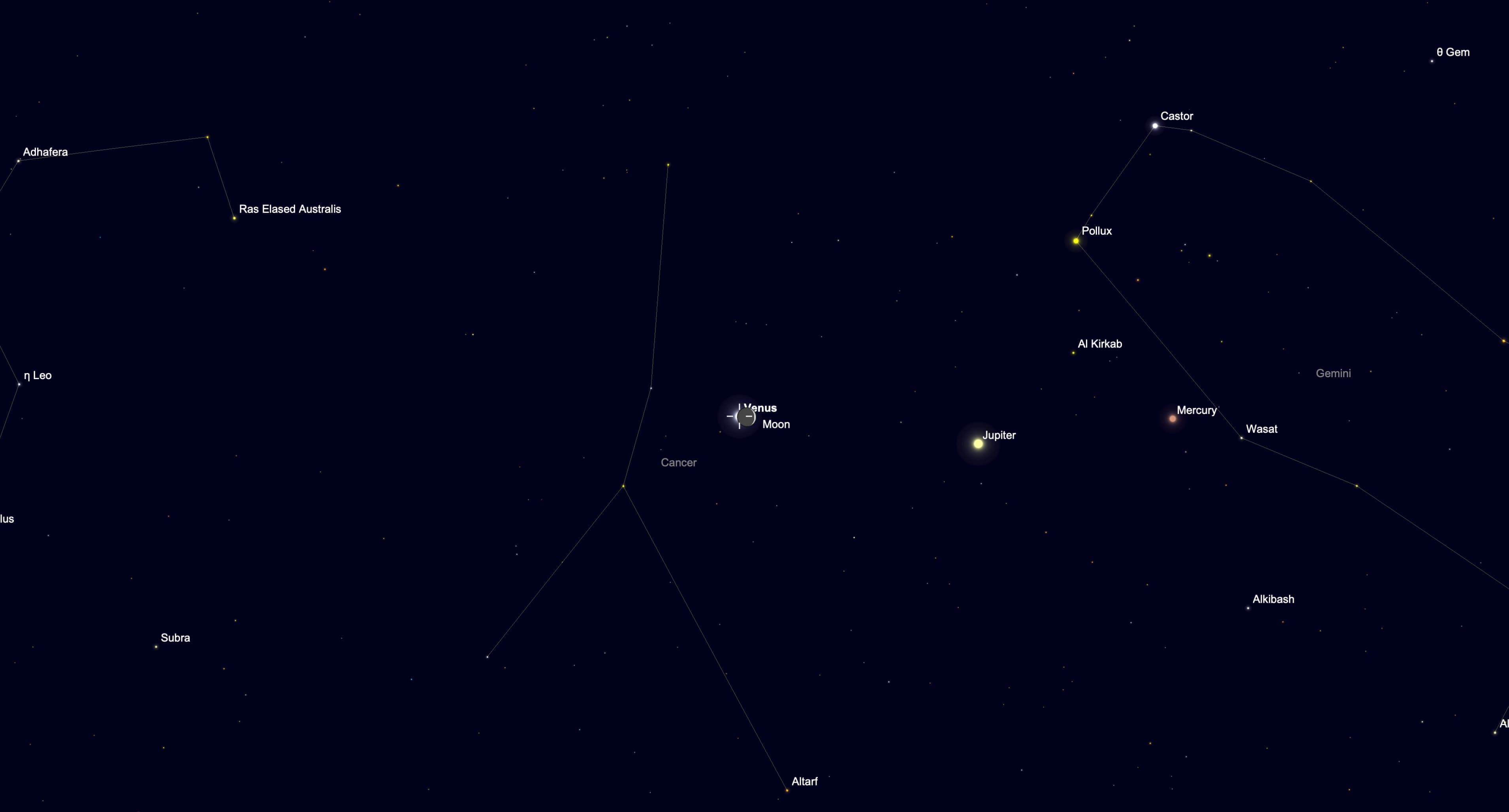 Star chart showing the moon covering Venus in the daytime sky on June 17.