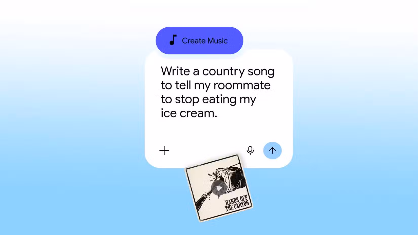 Lyria AI on a gradient blue background, showing prompt to write a country song telling someone to stop eating ice cream