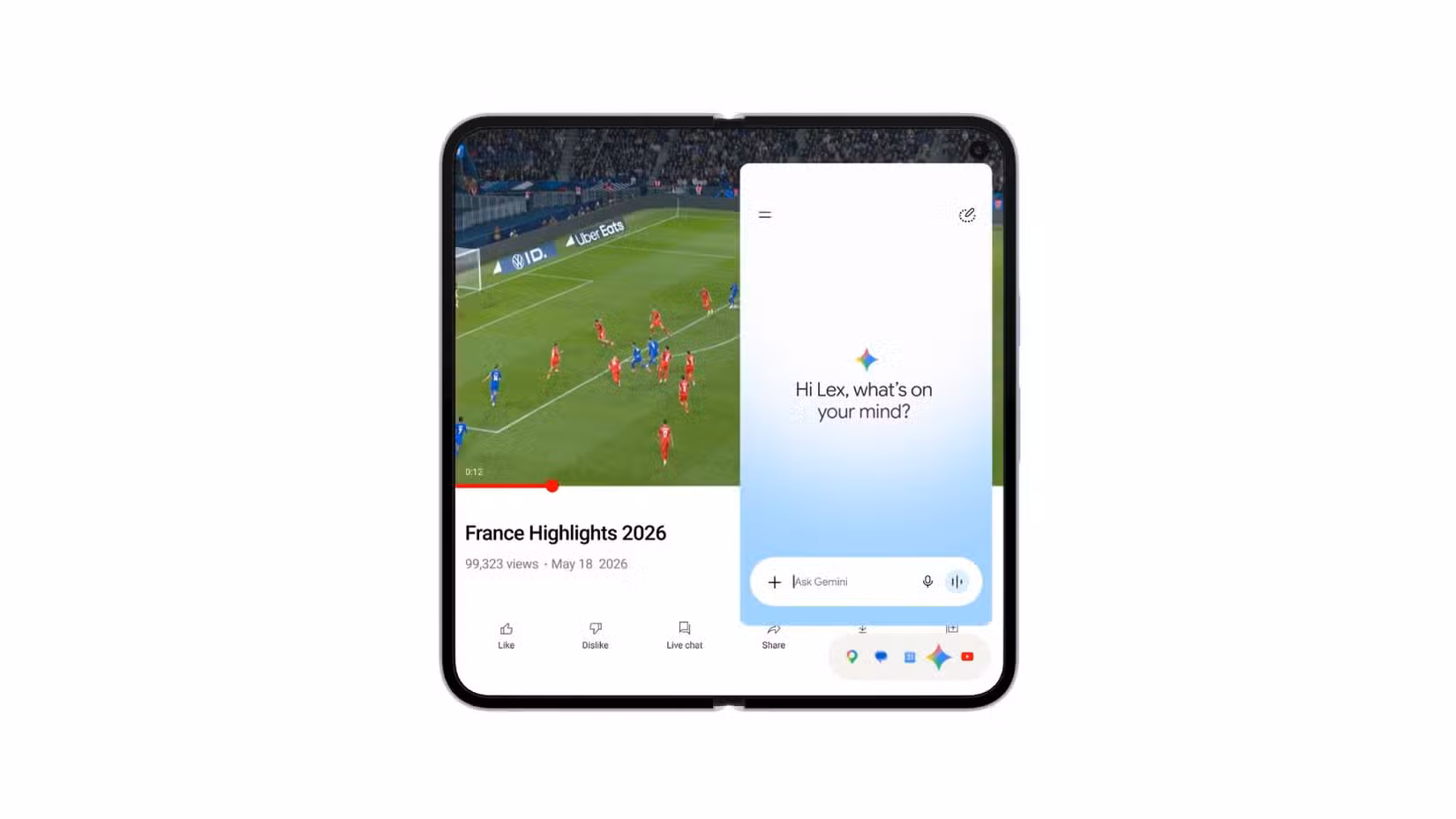 Android 17's new Bubbles Bar running on a Pixel Fold with Gemini pulled up