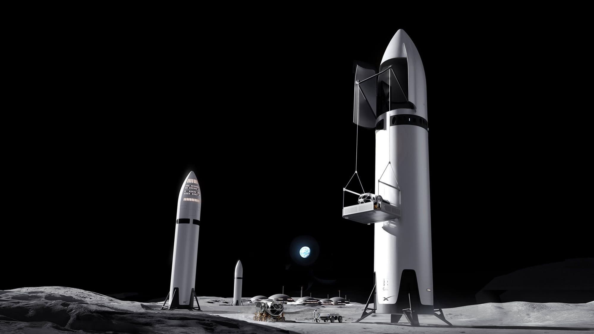Artist's illustration of several SpaceX Starship upper stages on the moon.