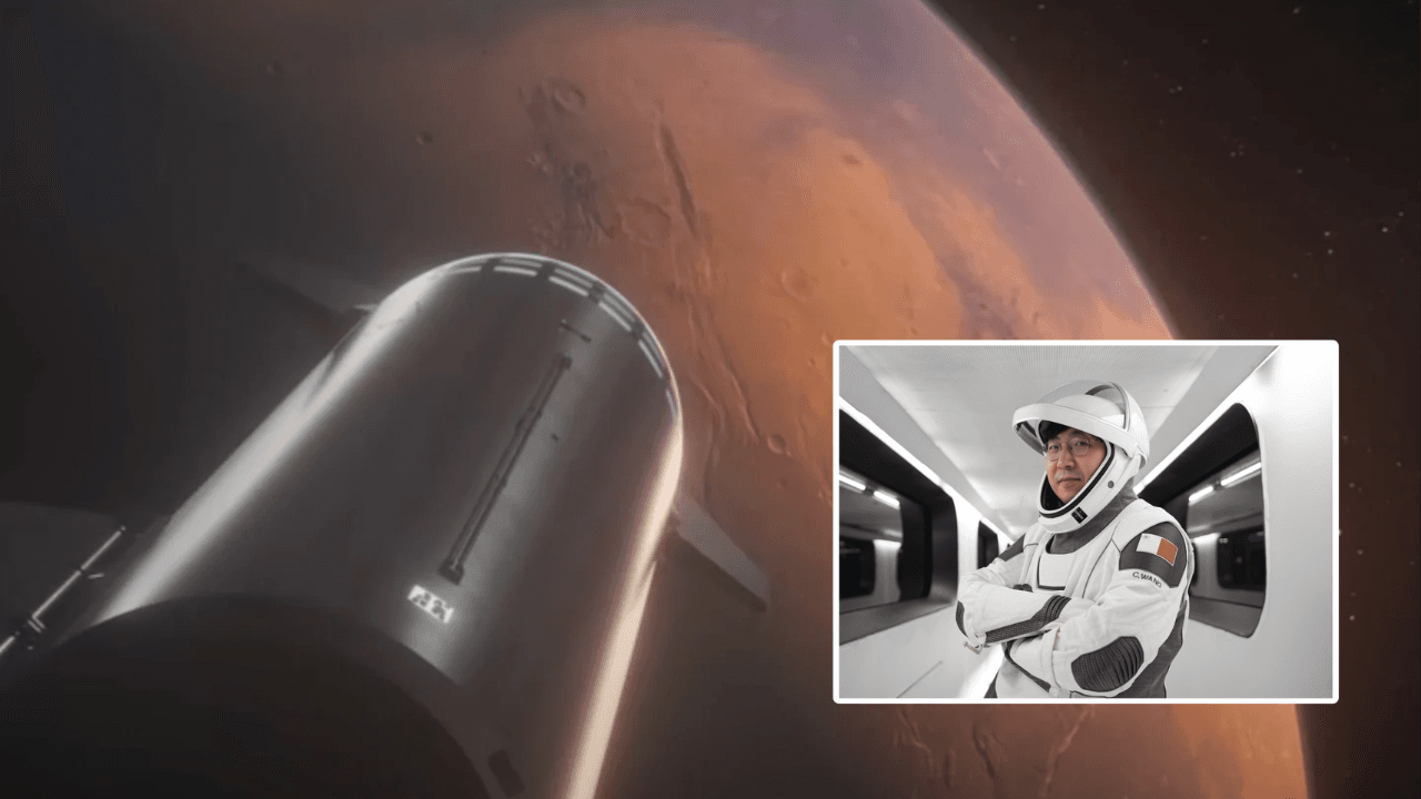 A SpaceX Starship arrives at Mars with an inset of a private astronaut Chun Wang in a spacesuit