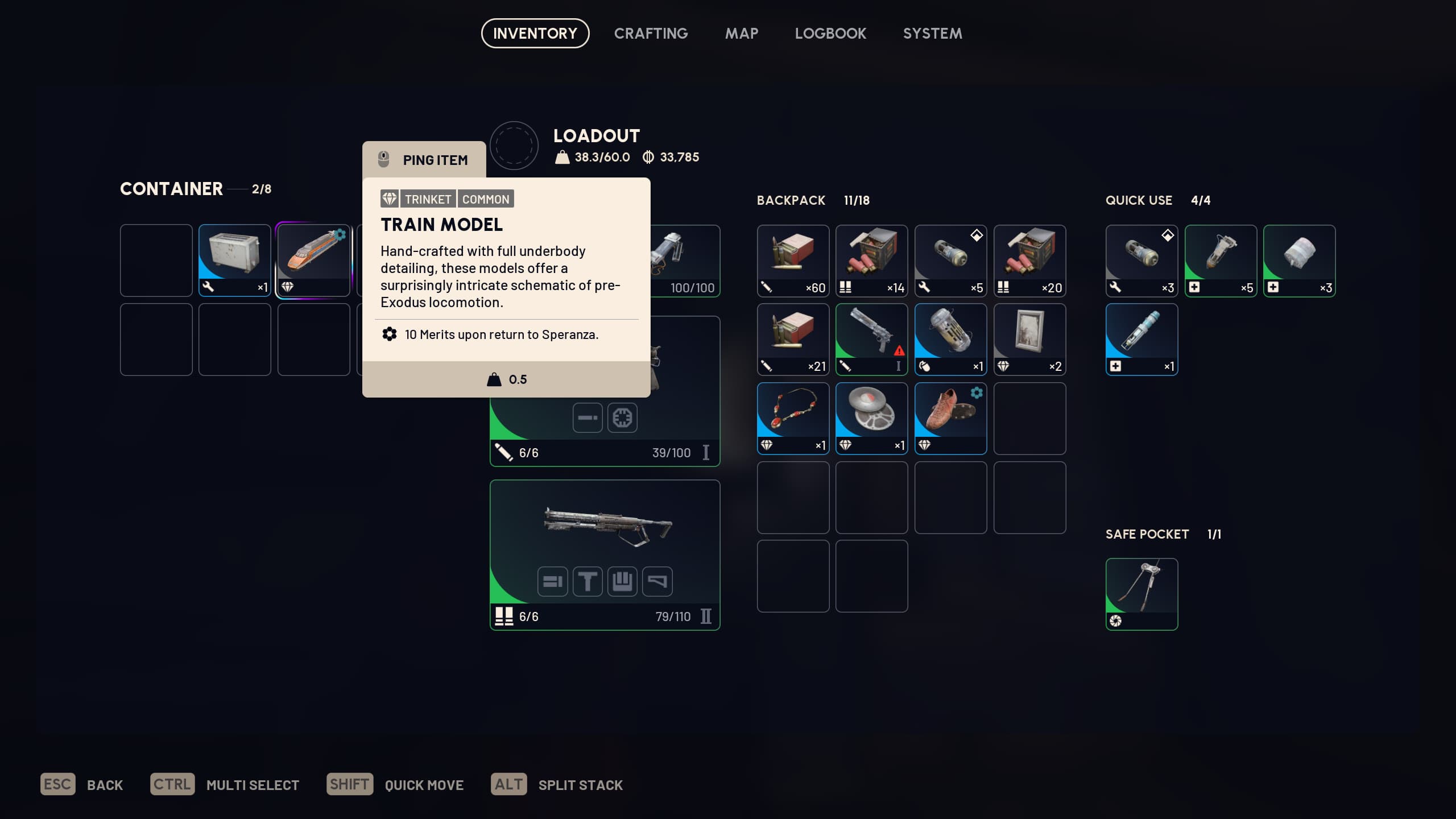 Arc Raiders Converging Paths: A player inspecting the Train Model trinket in the inventory of a container.