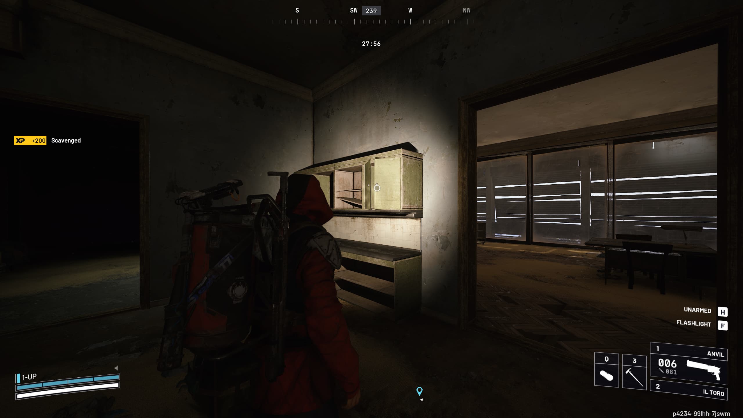 Arc Raiders Forgotten Relics: A player looking at a kitchen cabinet in the corner of a dark room.