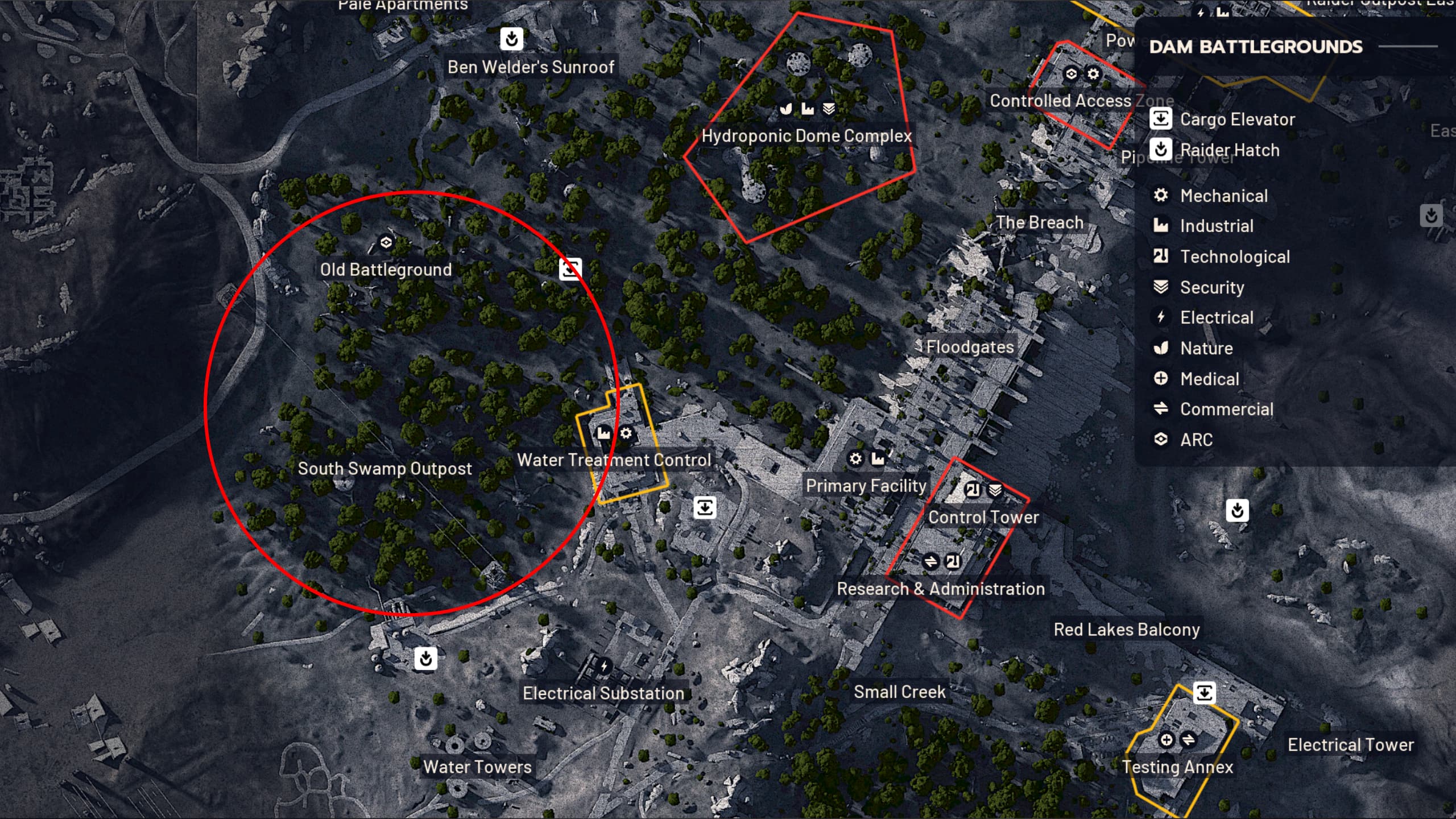 Arc Raiders Converging Paths: A map of Dam Battlegrounds with a red circle highlighting the location of the Swamp.