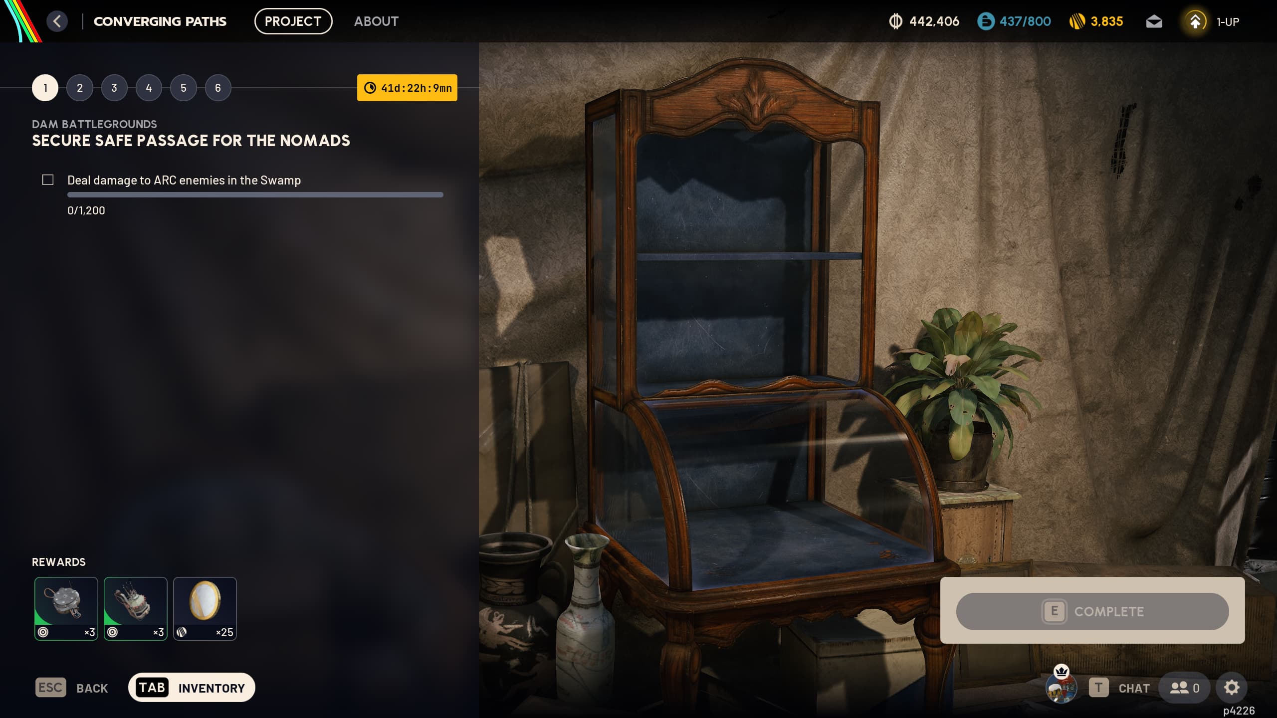 Arc Raiders Converging Paths: The project overview screen, showing the steps required and the various rewards available for the first stage.