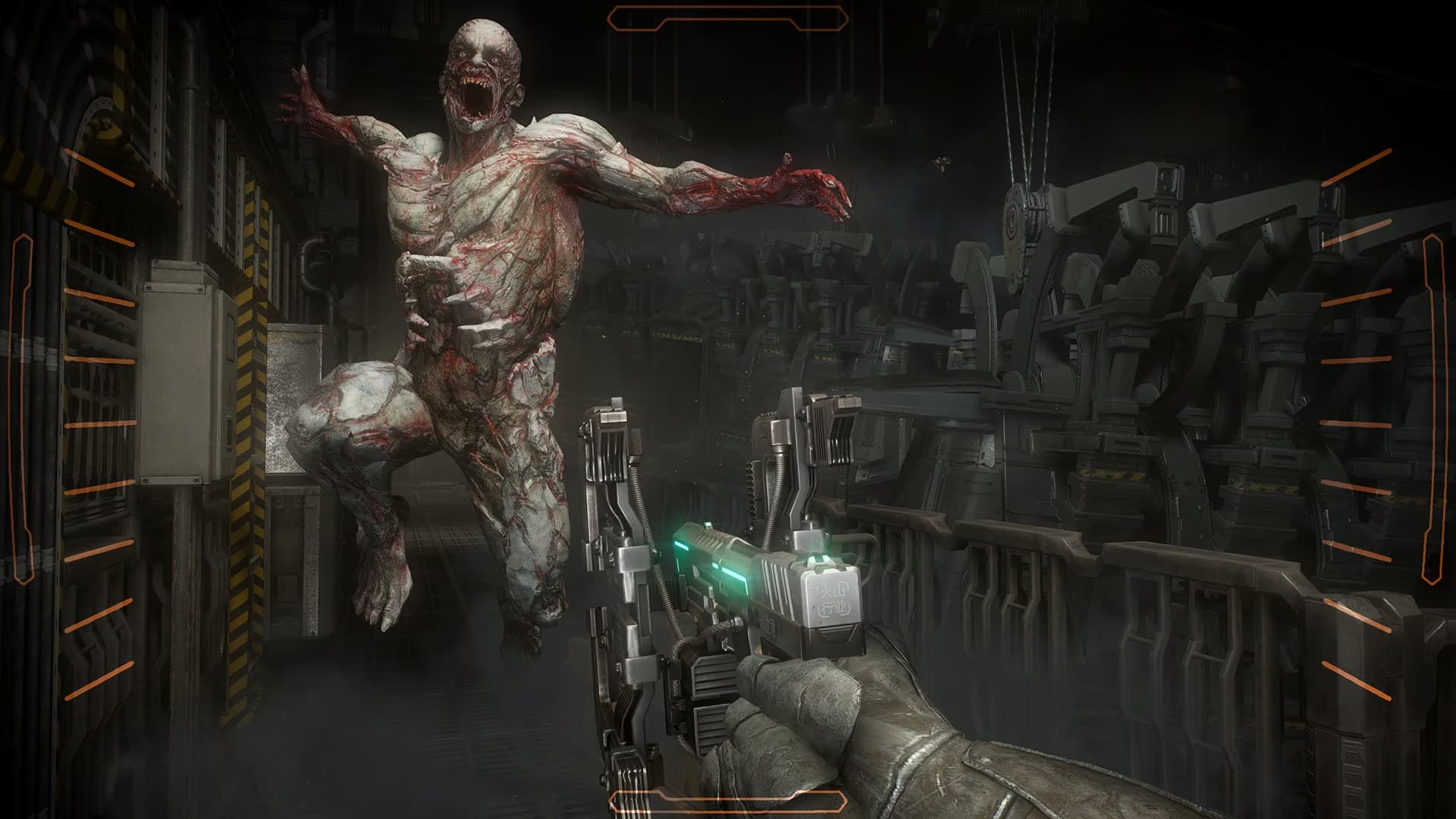 A volatile jumps toward the player in a sci-fi hallway in the community Dying Light map Dead Circuit.