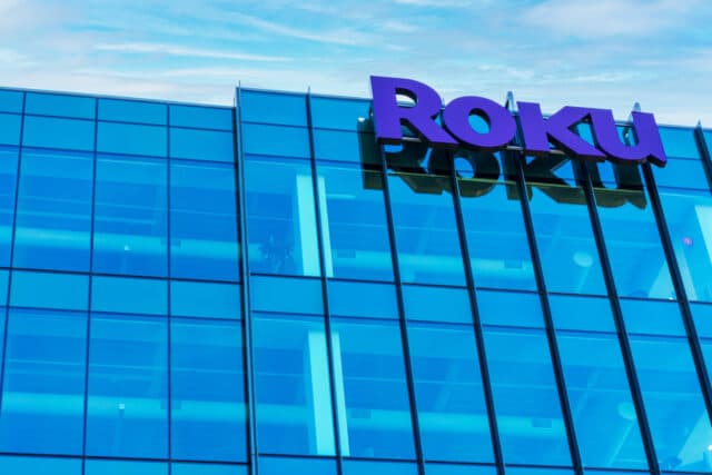 Roku sign and logo on the modern facade of its consumer electronics and broadcast media company headquarters in Silicon Valley - San Jose, California, USA - 2021