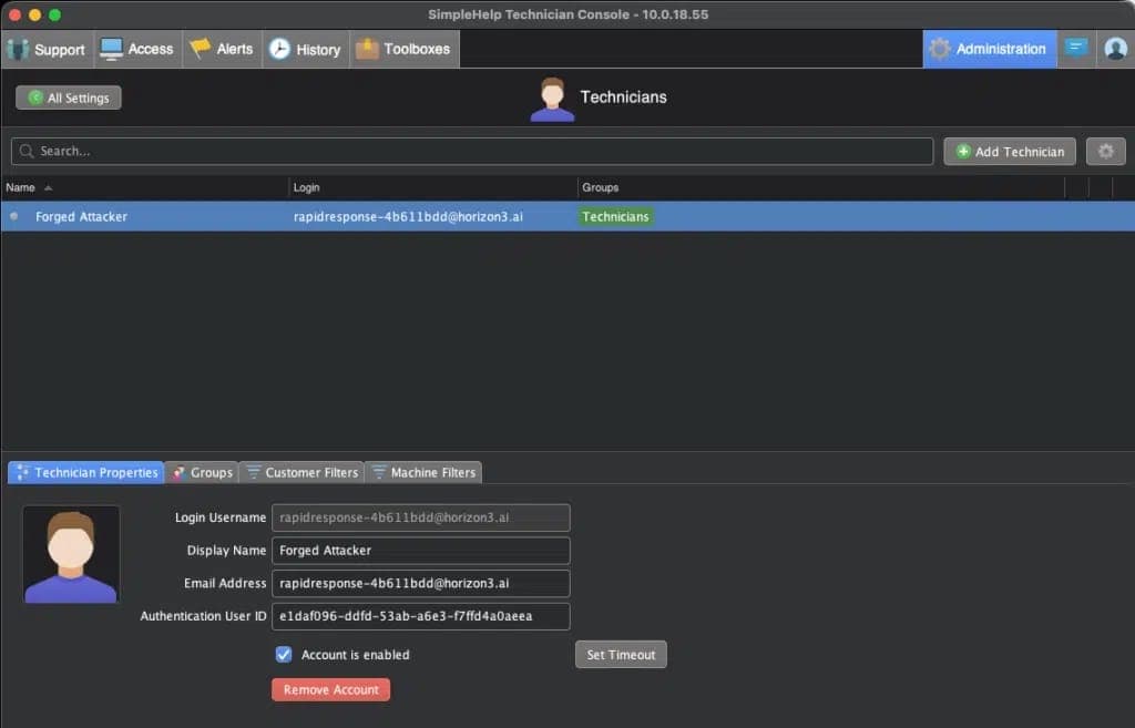 Rogue Technician account on SimpleHelp