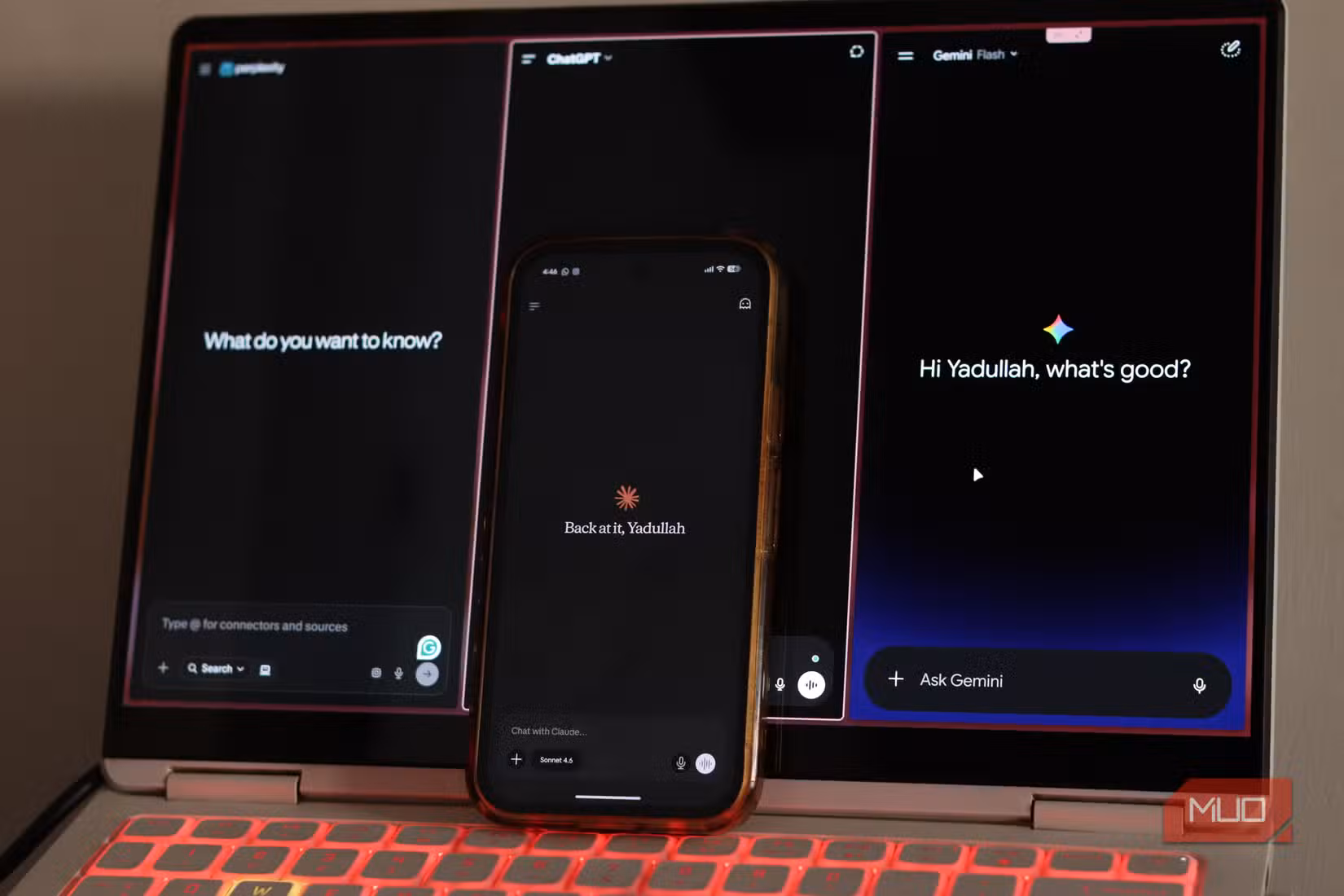ChatGPT, Claude, Gemini, and Perplexity open on Windows laptop and Android phone.