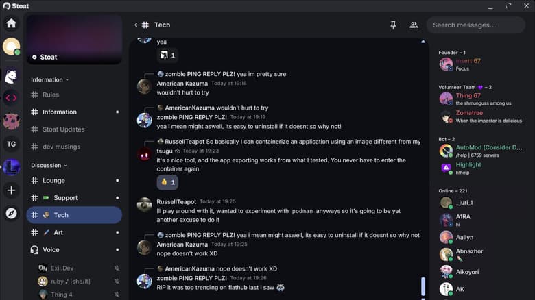 The desktop version of the Stoat app displaying a server.
