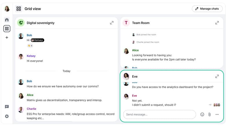 A screenshot of an Element app with chats arranged in a grid.