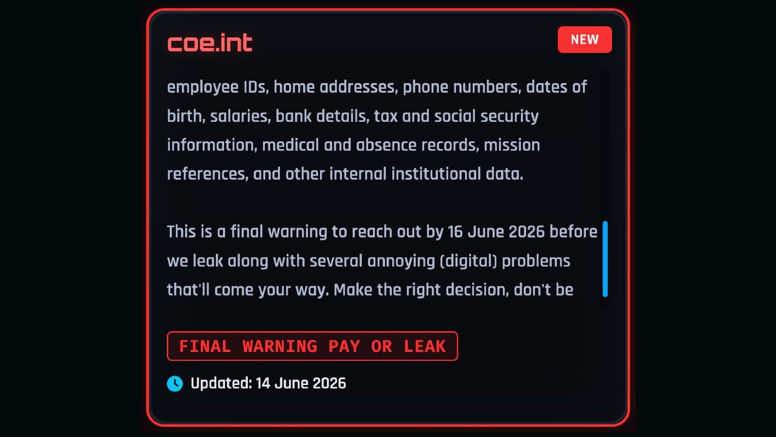 Council of Europe on ShintyHunters leak site