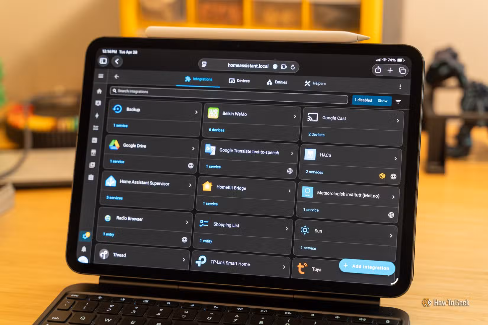 The Home Assistant devices and integrations panel opened up on an iPad.
