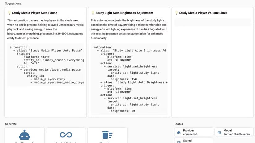Suggestions for automations generated by the AI Automation Suggester in Home Assistant.