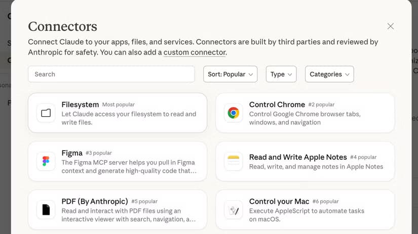 A list of available connectors in Claude.