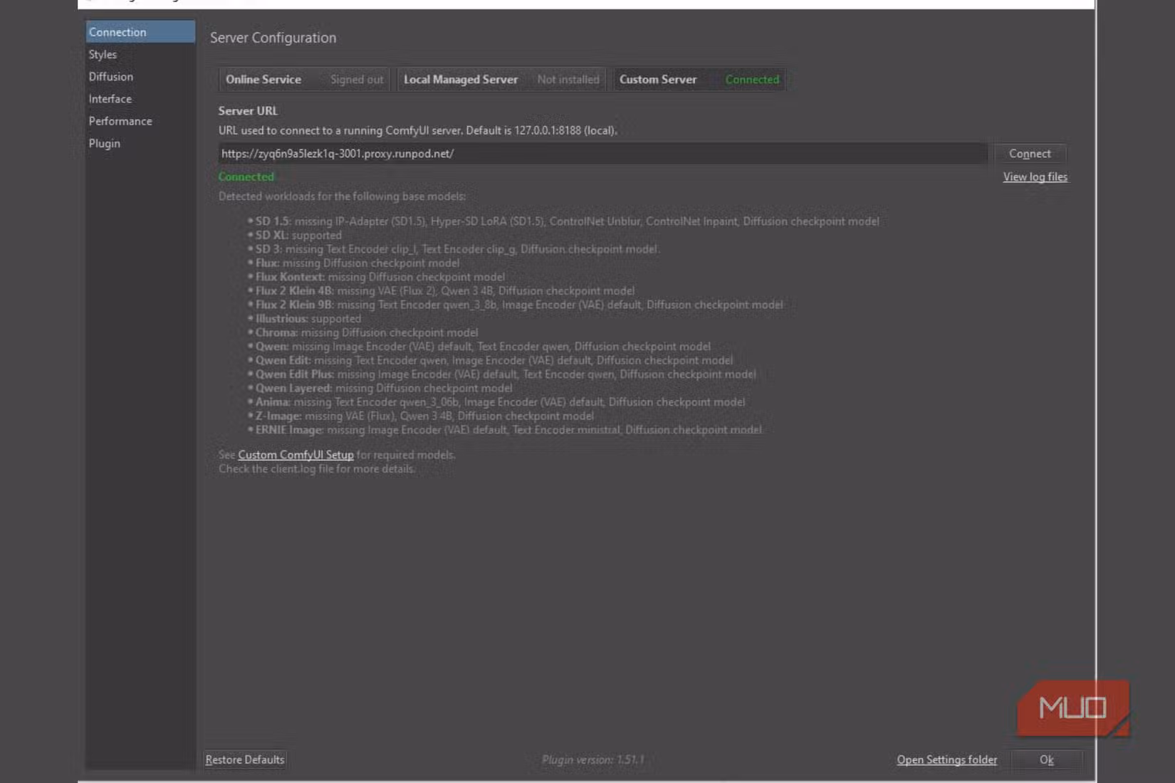 Configuring server in Krita for AI, specifically a custom server.