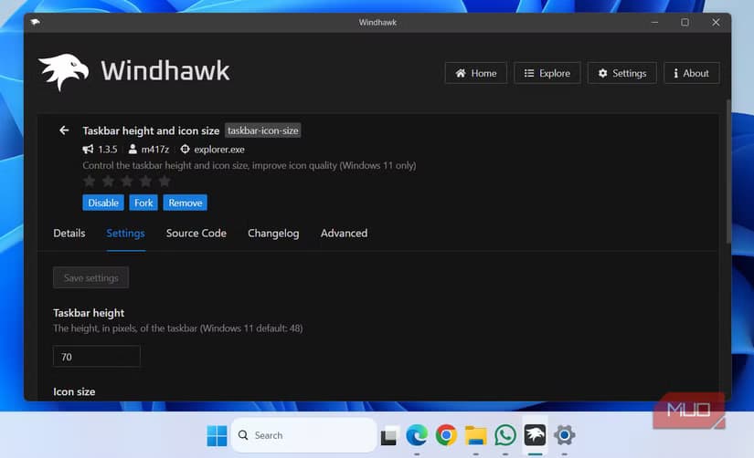Windhawk taskbar height and icon size module