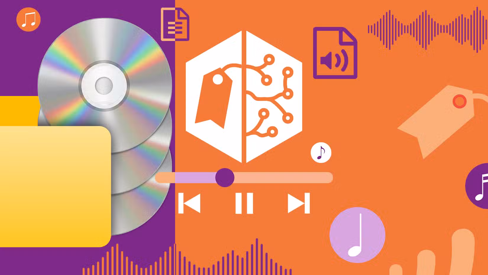 Graphic featuring a stack of CDs, the MusicBrainz Picard logo, and a media playback bar on a split orange and purple background.