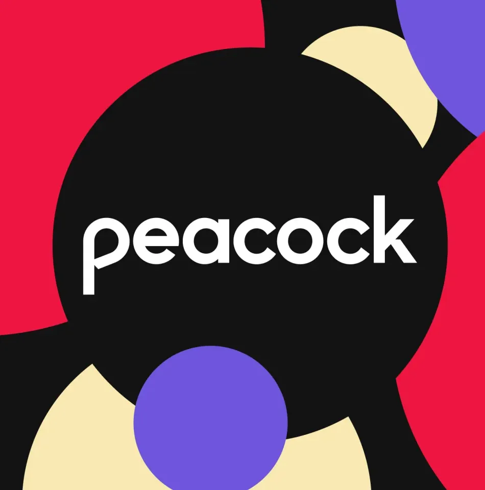 A playful illustration of the Peacock logo surrounded by colored circles.