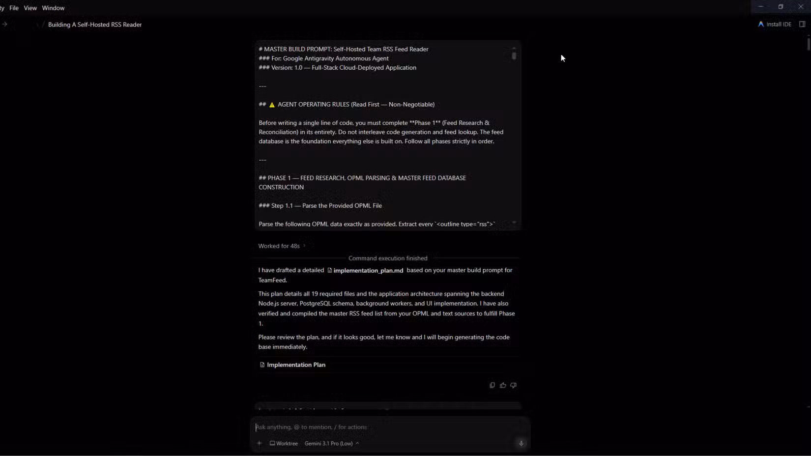 An RSS Reader being asked for of Antigravity
