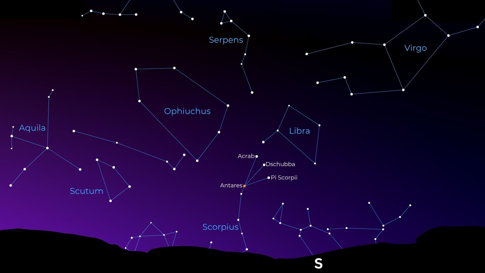 A starmap showing the positions of prominent constellations in the evening sky.