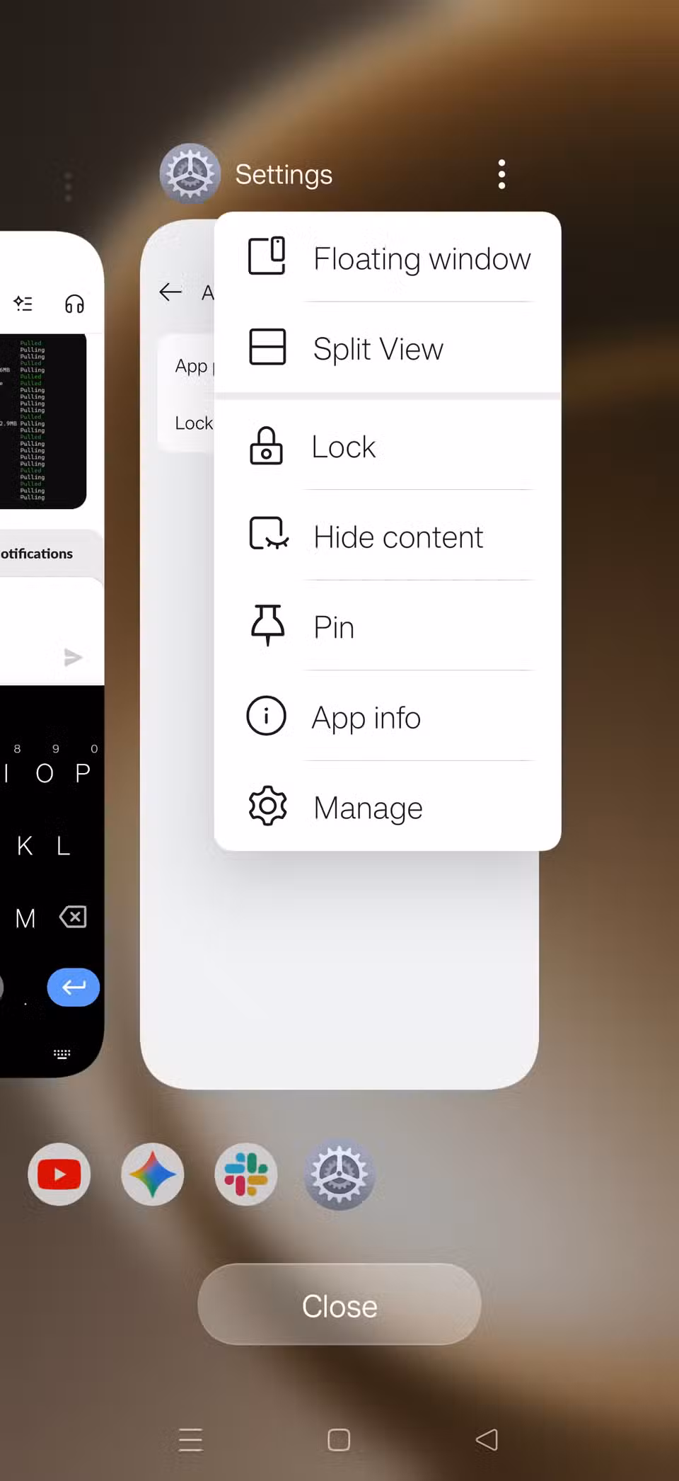 The three-dot menu expanded in recent apps on Android.