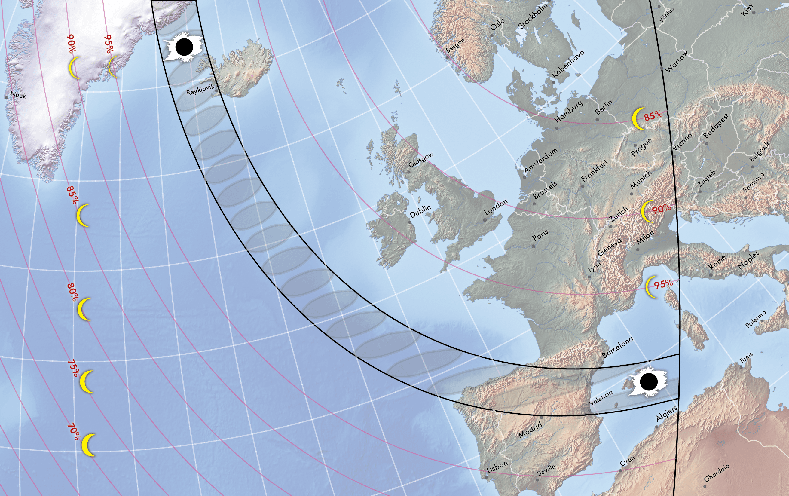 map showing the path of the total solar eclipse on aug 12 2026.