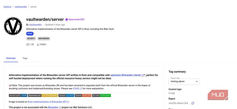 Docker Hub page showing available image version tags