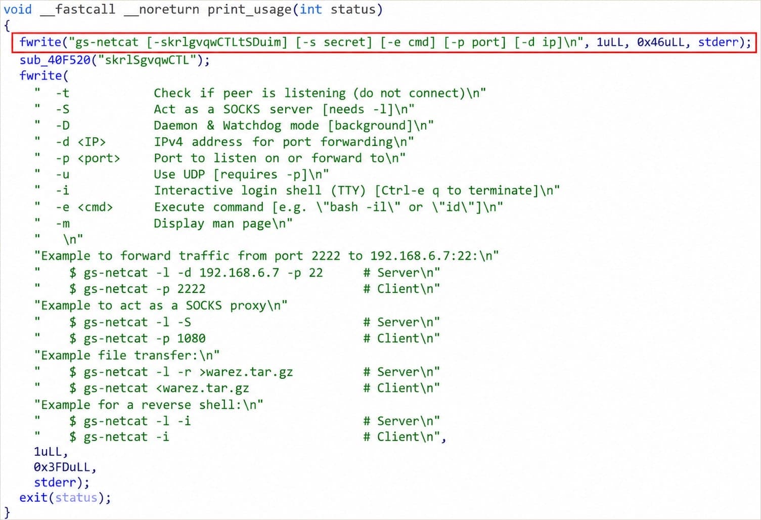 Dissasembler showing the use of GS-Netcat