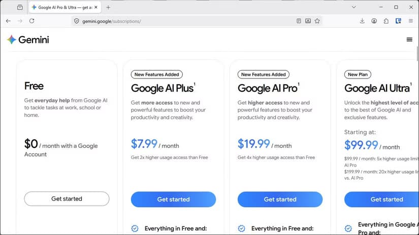 The Google AI Pro subscription pricing and feature comparison page.