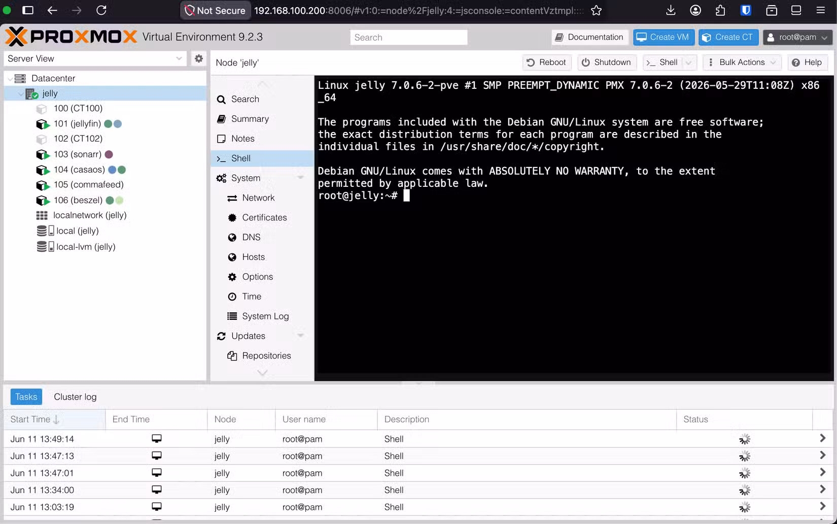 Proxmox web interface.